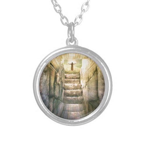 Jesus at Empty Tomb Easter Resurrection Silver Plated Necklace