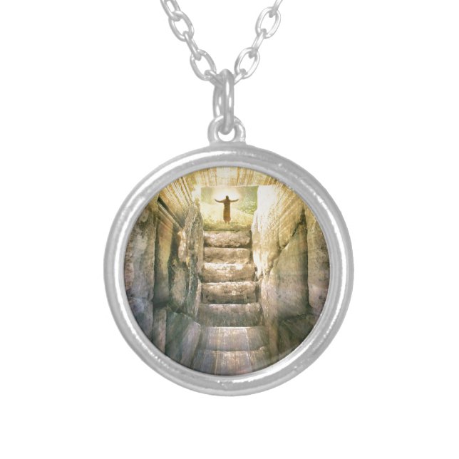 Jesus at Empty Tomb Easter Resurrection Silver Plated Necklace (Front)