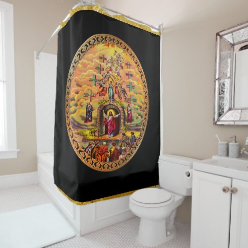 Jesus at Heavens Gate gold foil and black texture Shower Curtain