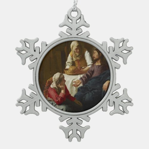 Jesus at Mary and Marthas Home Snowflake Pewter Christmas Ornament