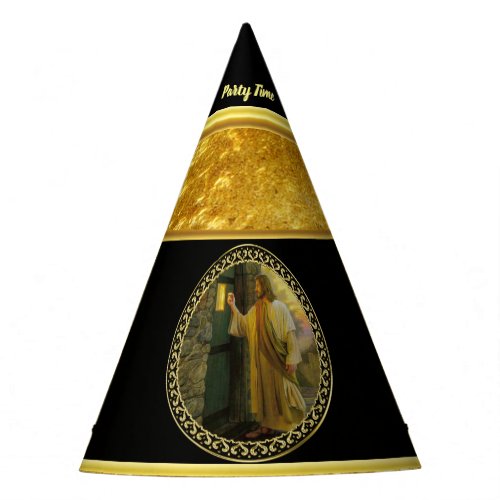 Jesus At Your Door in gold foil and black Party Hat