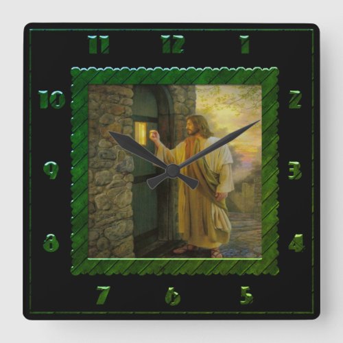 Jesus At Your Door Vintage green Square Clock