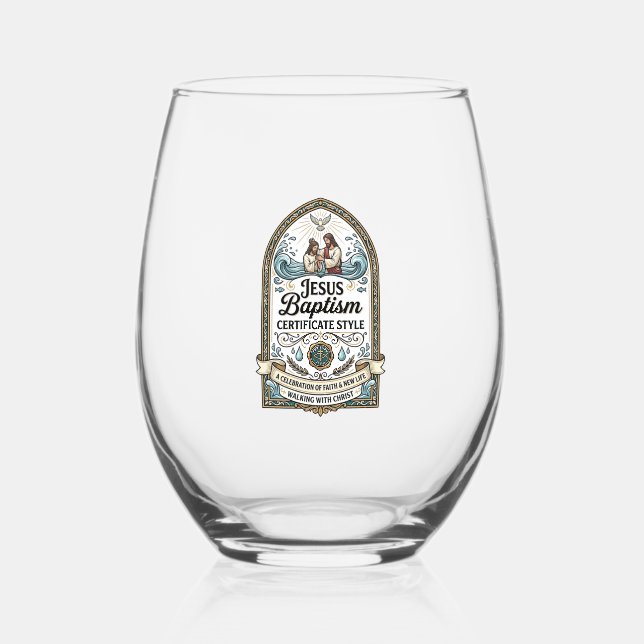 Jesus Baptism Certificate Style Jesus Baptism Cert Stemless Wine Glass (Front)