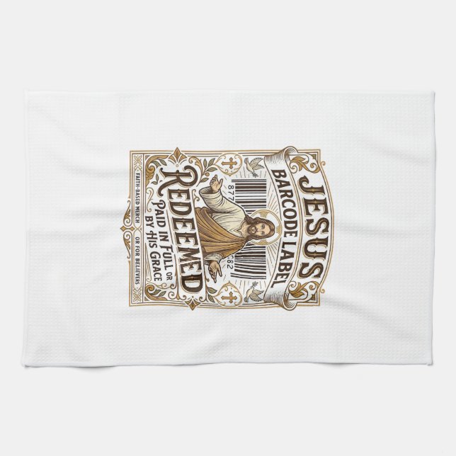 Jesus Barcode Label Redeemed Jesus Barcode Redeeme Kitchen Towel (Horizontal)