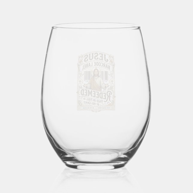 Jesus Barcode Label Redeemed Jesus Barcode Redeeme Stemless Wine Glass (Front)