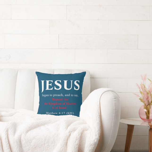 Jesus Began to Preach. Matthew 4:17 Navy Blue Throw Pillow (Couch)