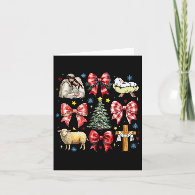 Jesus Birth Christmas Coquette Bow Nativity Scene  Card (Front)