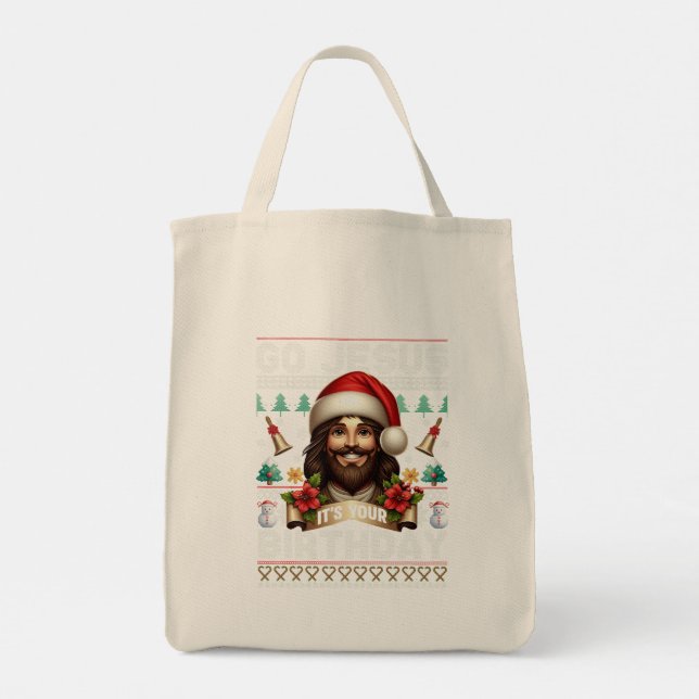 Jesus Birthday Ugly Sweater Knitting Religious Tote Bag (Back)