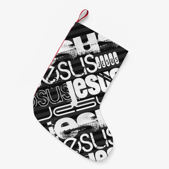 Jesus; Black & Dark Gray Stripes Small Christmas Stocking (Front (Hanging))