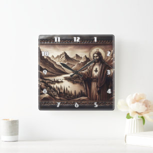 Jesus Blessing a Mountain Landscape Square Wall Clock