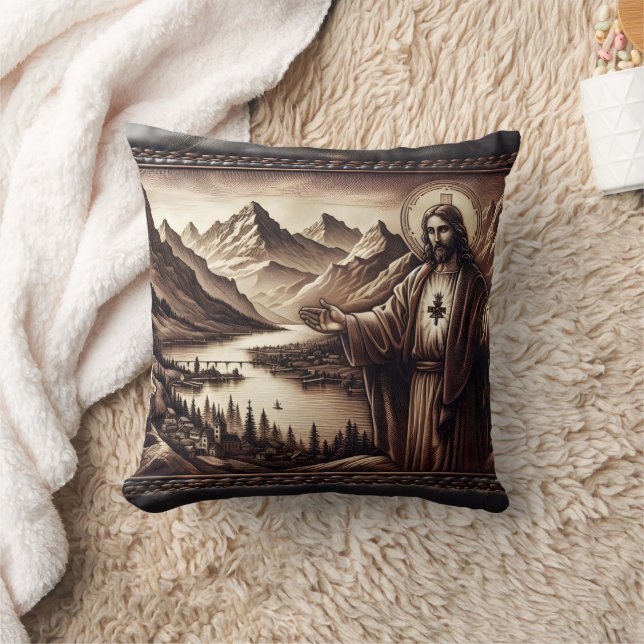 Jesus Blessing a Mountain Landscape Throw Pillow (Blanket)