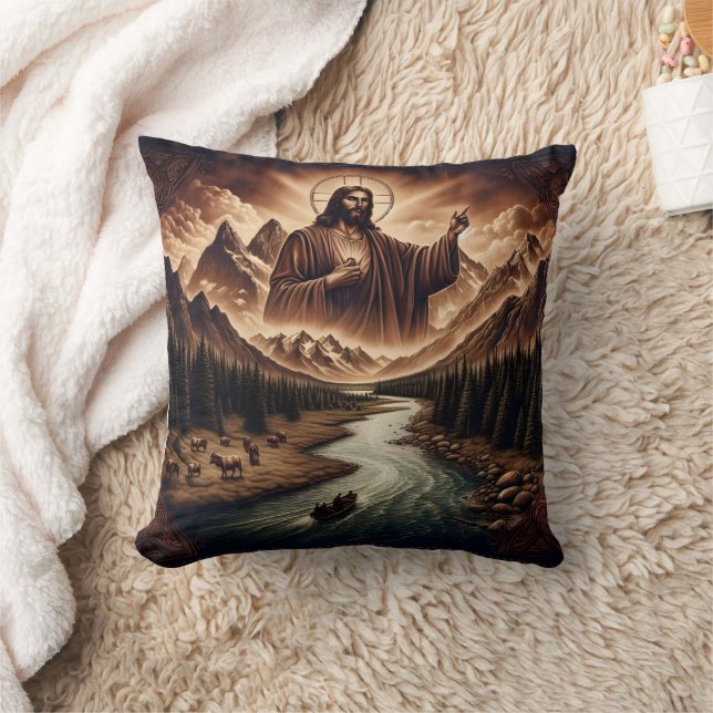 Jesus Blessing a Serene River Landscape Throw Pillow (Blanket)