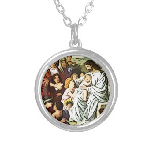 Jesus blessing the children silver plated necklace