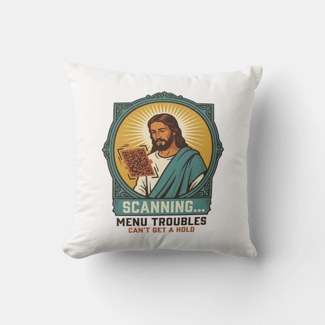 Jesus Blurry QR Code Wont Scan Menu Tech Humor_1 Throw Pillow (Front)