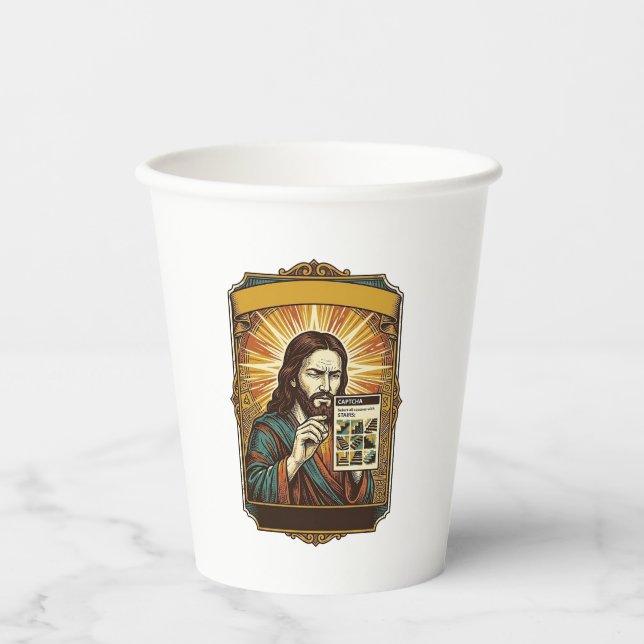 Jesus Blurry Stairs Captcha Test Tech Security Hum Paper Cups (Front)