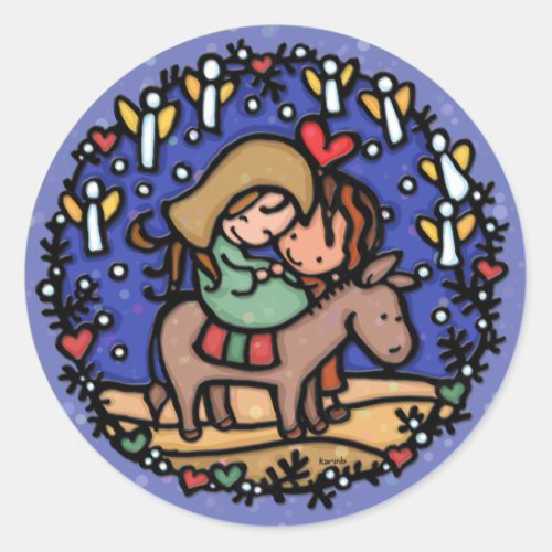 Jesus born Christmas day Angels rejoiced BLUE Classic Round Sticker