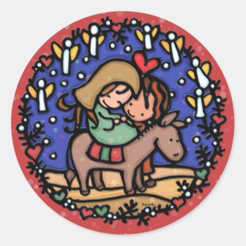 Jesus born Christmas day Angels rejoiced RED Classic Round Sticker