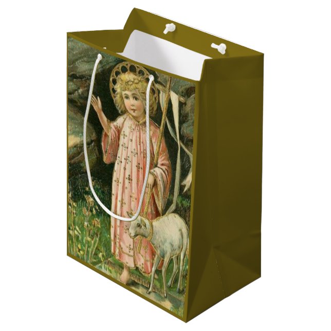 Jesus Boy Child Cross Lamb Easter Flowers Medium Gift Bag (Front Angled)