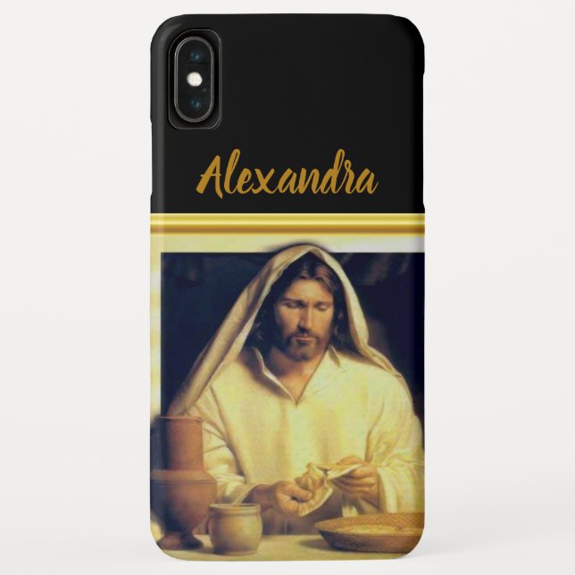Jesus breaking bread Matthew 14-13 Gold stripe Case-Mate iPhone Case (Back)