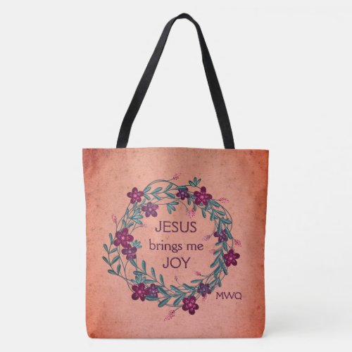 JESUS BRINGS ME JOY Peach Floral Monogram Tote Bag