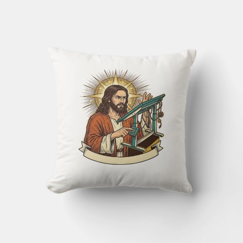Jesus Broken Standing Desk Stuck Halfway Office Hu Throw Pillow