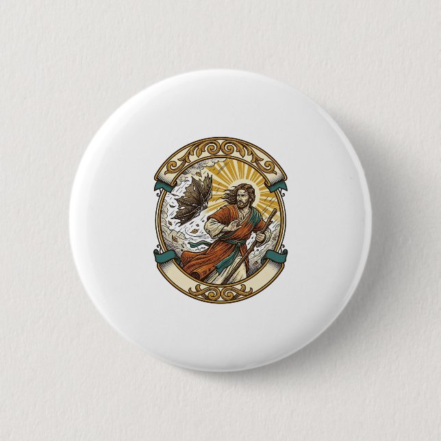 Jesus Broken Umbrella Blown Inside Out Windy Storm Button (Front)