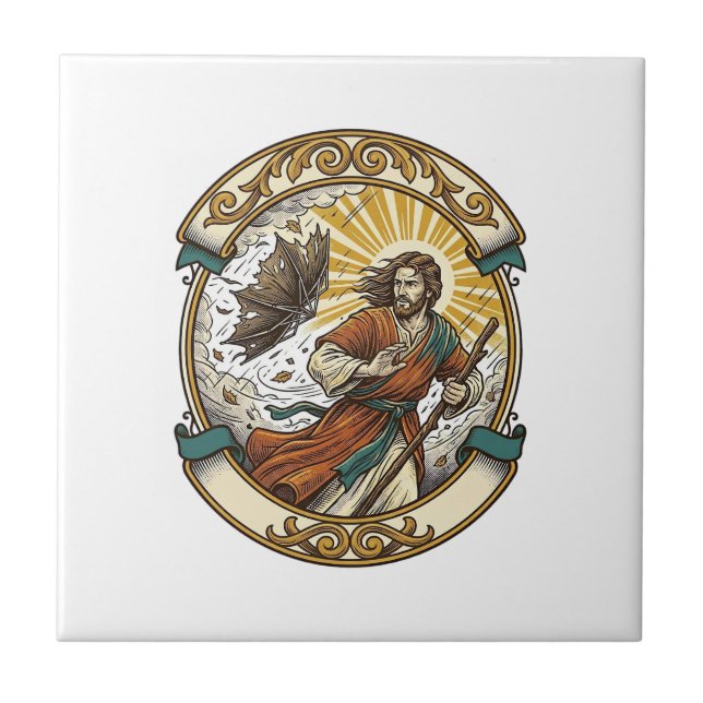 Jesus Broken Umbrella Blown Inside Out Windy Storm Ceramic Tile (Front)