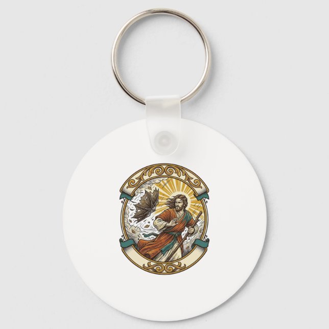 Jesus Broken Umbrella Blown Inside Out Windy Storm Keychain (Front)