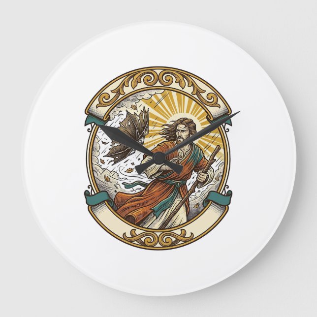 Jesus Broken Umbrella Blown Inside Out Windy Storm Large Clock (Front)