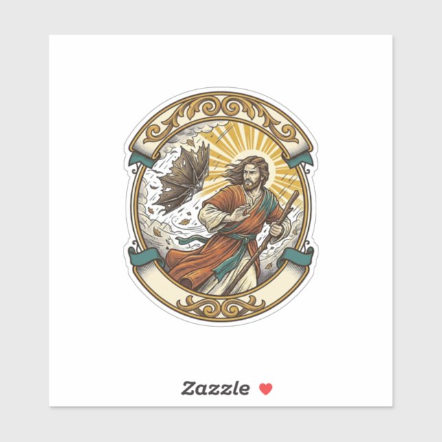 Jesus Broken Umbrella Blown Inside Out Windy Storm Sticker (Sheet)