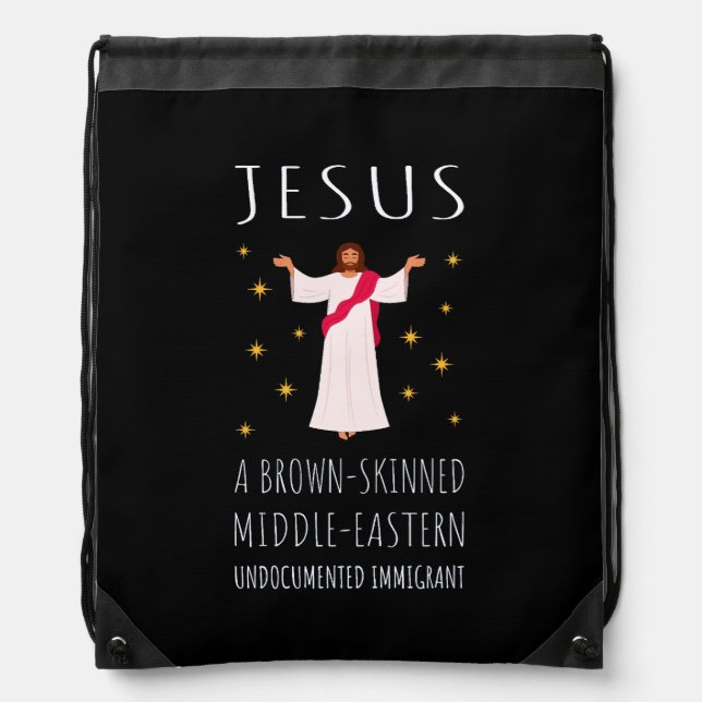 Jesus Brown-Skinned Undocumented Immigrant I Drawstring Bag (Front)