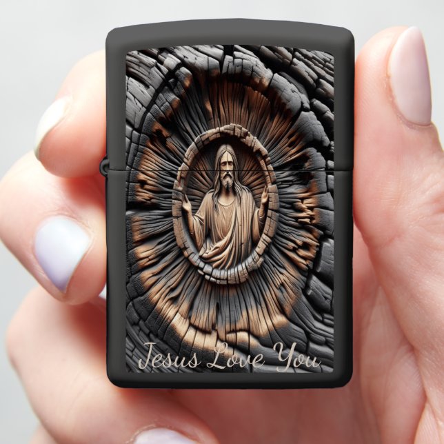 Jesus Burnt Wood Art: Embrace Spirit Zippo Lighter (In Hand)
