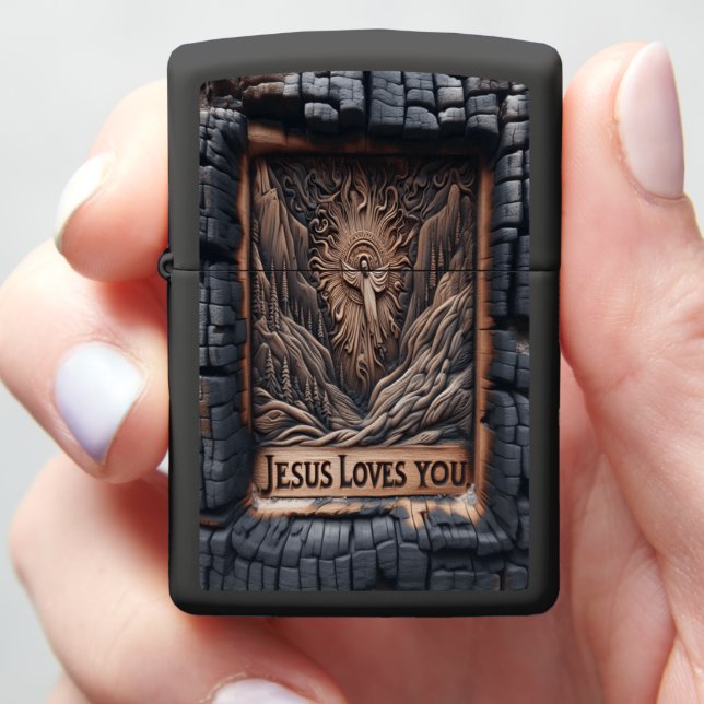 Jesus Burnt Wood Carving of a Divine Message Zippo Lighter (In Hand)