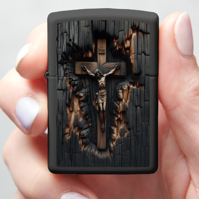 Jesus Burnt Wood Cross Reflects Faith Zippo Lighter (In Hand)