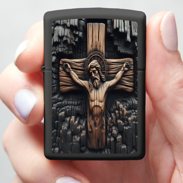 Jesus Burnt Wood Crucifix Art Zippo Lighter (In Hand)
