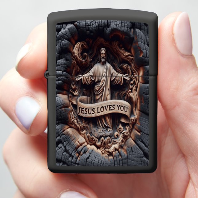 Jesus Burnt Wood Devotion Carving Zippo Lighter (In Hand)