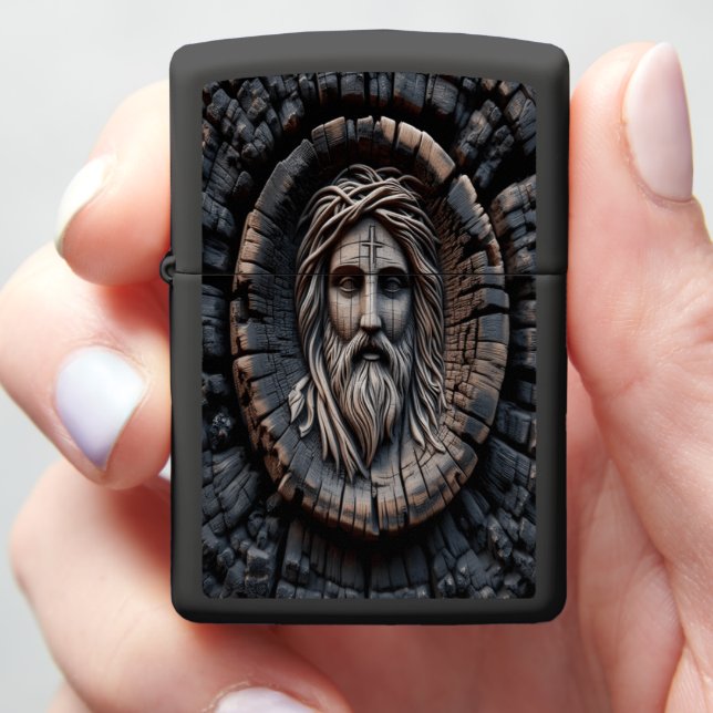 Jesus Burnt Wood Face Carving Zippo Lighter (In Hand)