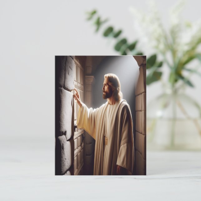 Jesus by Door at Sunrise Postcard (Standing Front)