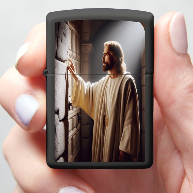 Jesus by Door at Sunrise  Zippo Lighter (In Hand)