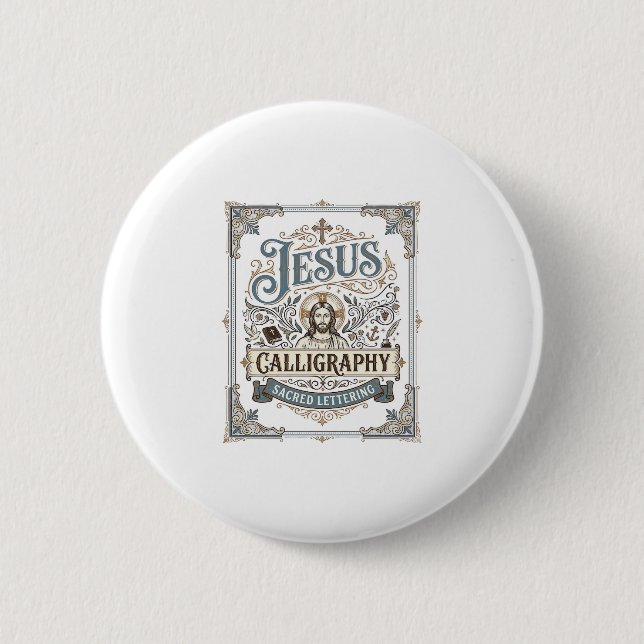Jesus Calligraphy Sacred Lettering Jesus Calligrap Button (Front)