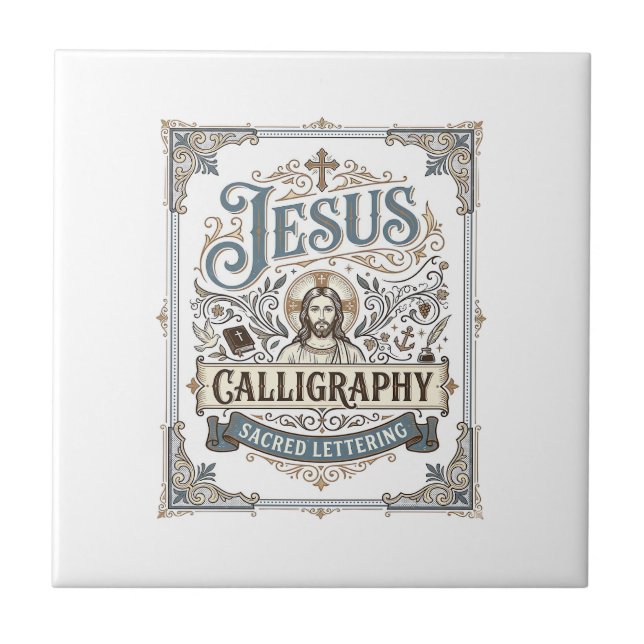 Jesus Calligraphy Sacred Lettering Jesus Calligrap Ceramic Tile (Front)