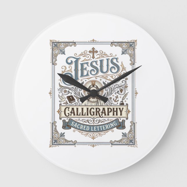 Jesus Calligraphy Sacred Lettering Jesus Calligrap Large Clock (Front)