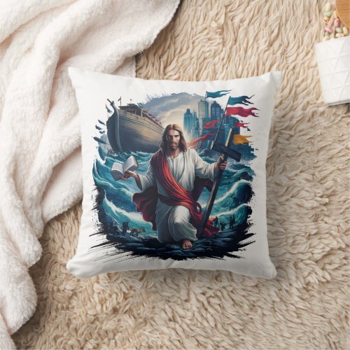 Jesus calming the storm near a great ship throw pillow