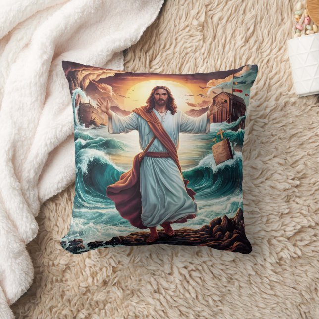 Jesus calming the storm near the shore throw pillow (Blanket)