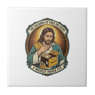 Jesus Cardboard Box Paper Cut Finger Pain Humor_1 Ceramic Tile