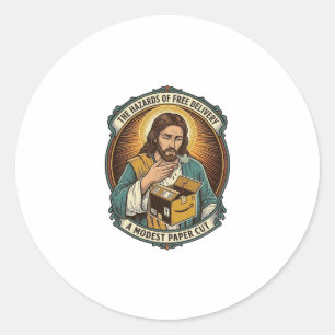 Jesus Cardboard Box Paper Cut Finger Pain Humor_1 Classic Round Sticker