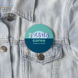 Jesus Cares. 1 Peter 5:7 (KJV) - Ocean Blue -  Button