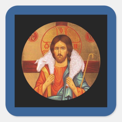 Jesus Carries a Lost Lamb Icon Square Sticker