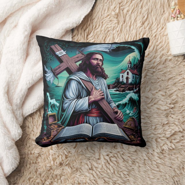 Jesus carries the cross by the turbulent sea throw pillow (Blanket)