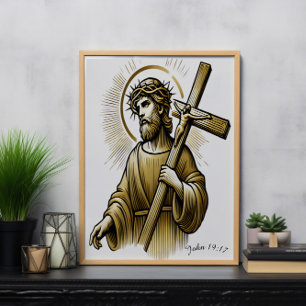 Jesus Carrying Gold Cross with Grace Poster